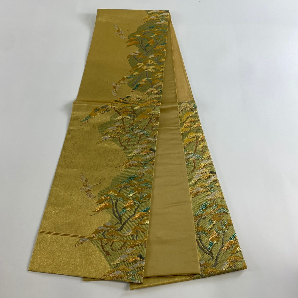 袋帶 秀品級 笠松樹 仙鶴 金糸 金金箔 金色 六通 純蠶絲