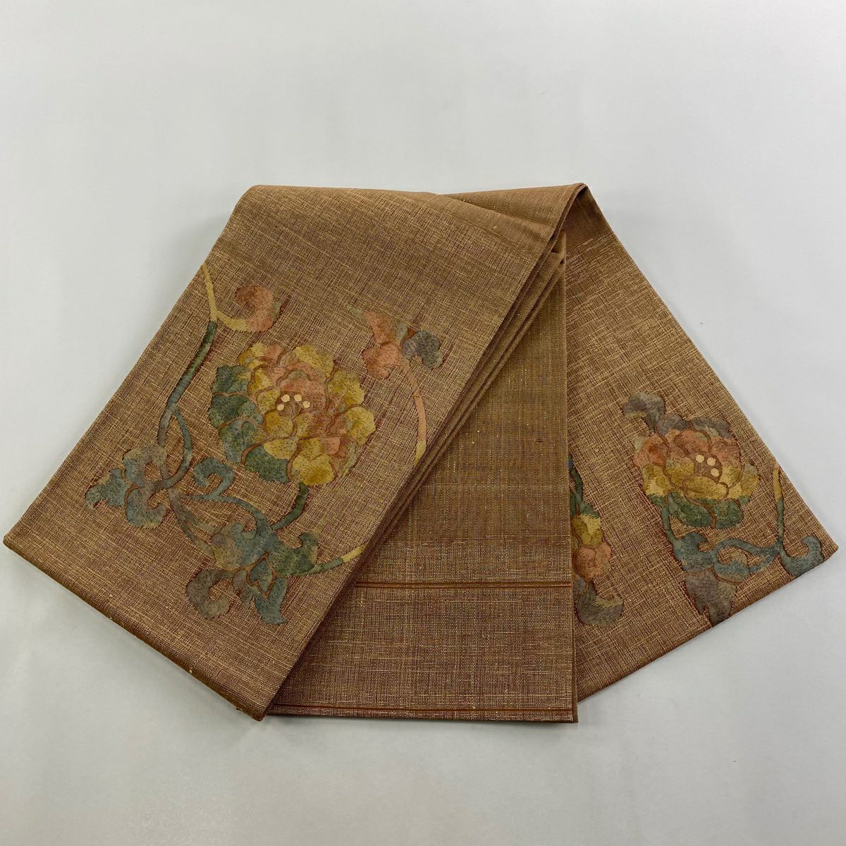 【美品】 袋帶 秀品級 關西仕立 花唐草紋 金金箔 茶 お太鼓圖案 純蠶絲