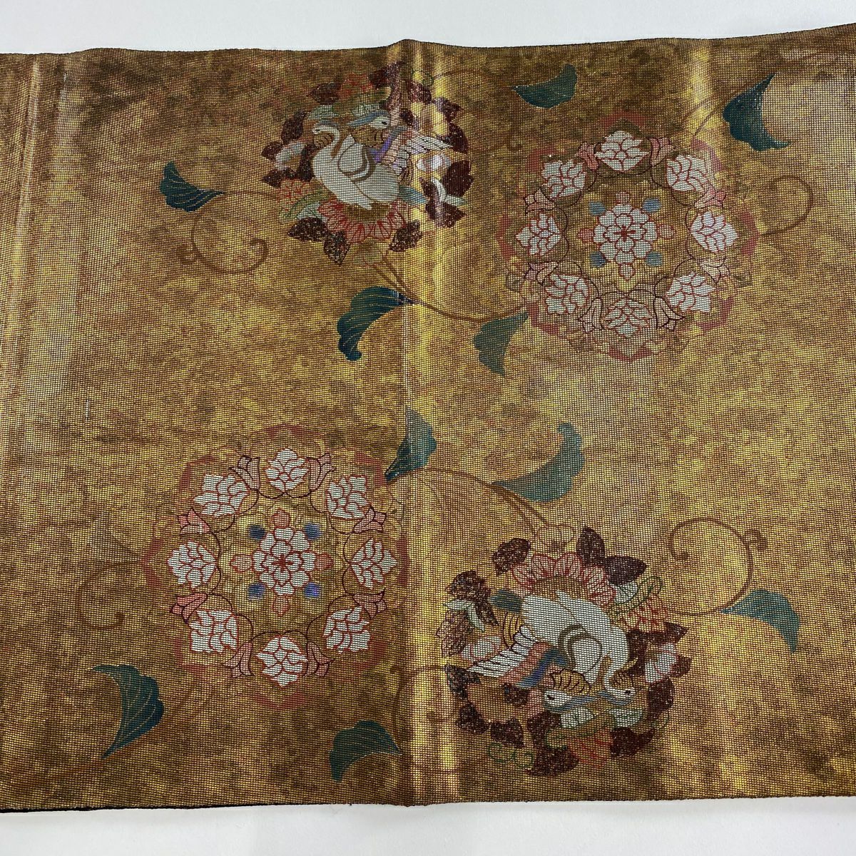 袋帶 秀品級 附落款 華紋 花鳥 金金箔 金茶 大鼓圖案 純蠶絲