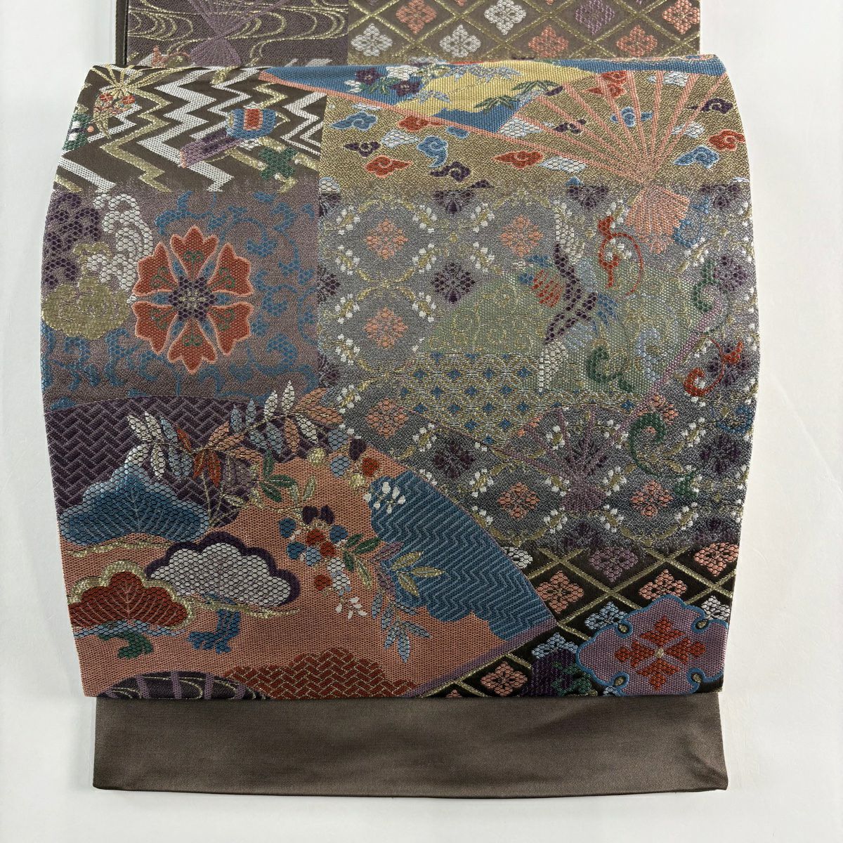 【美品】 袋帶 秀品級 明治畫卷 扇子 金絲 茶紫 六通 純蠶絲