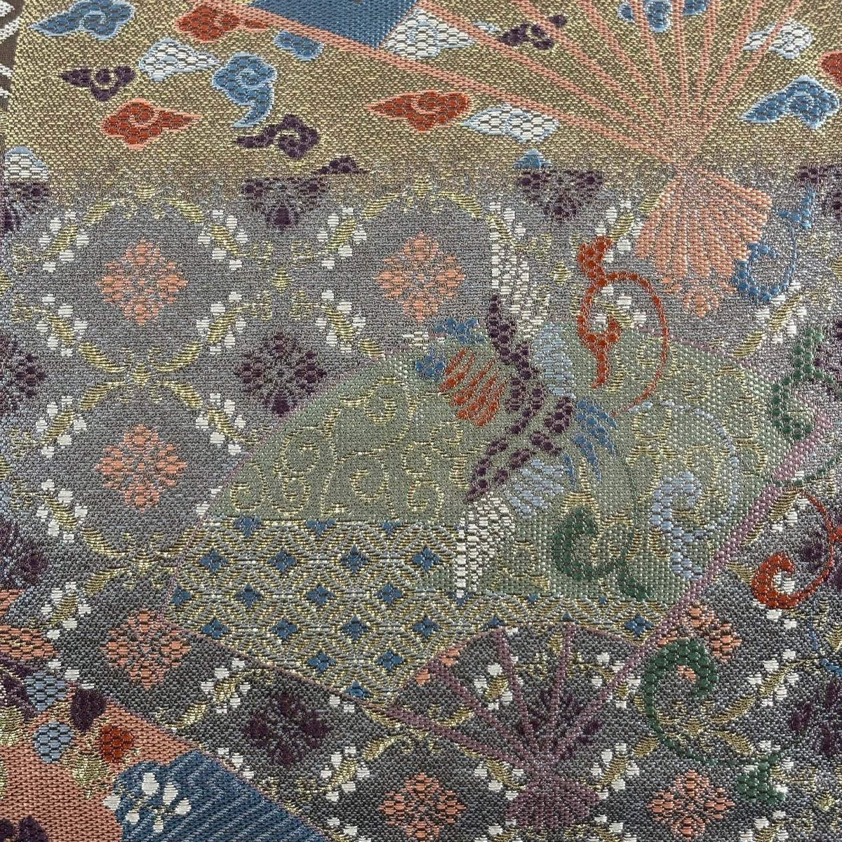 【美品】 袋帶 秀品級 明治畫卷 扇子 金絲 茶紫 六通 純蠶絲