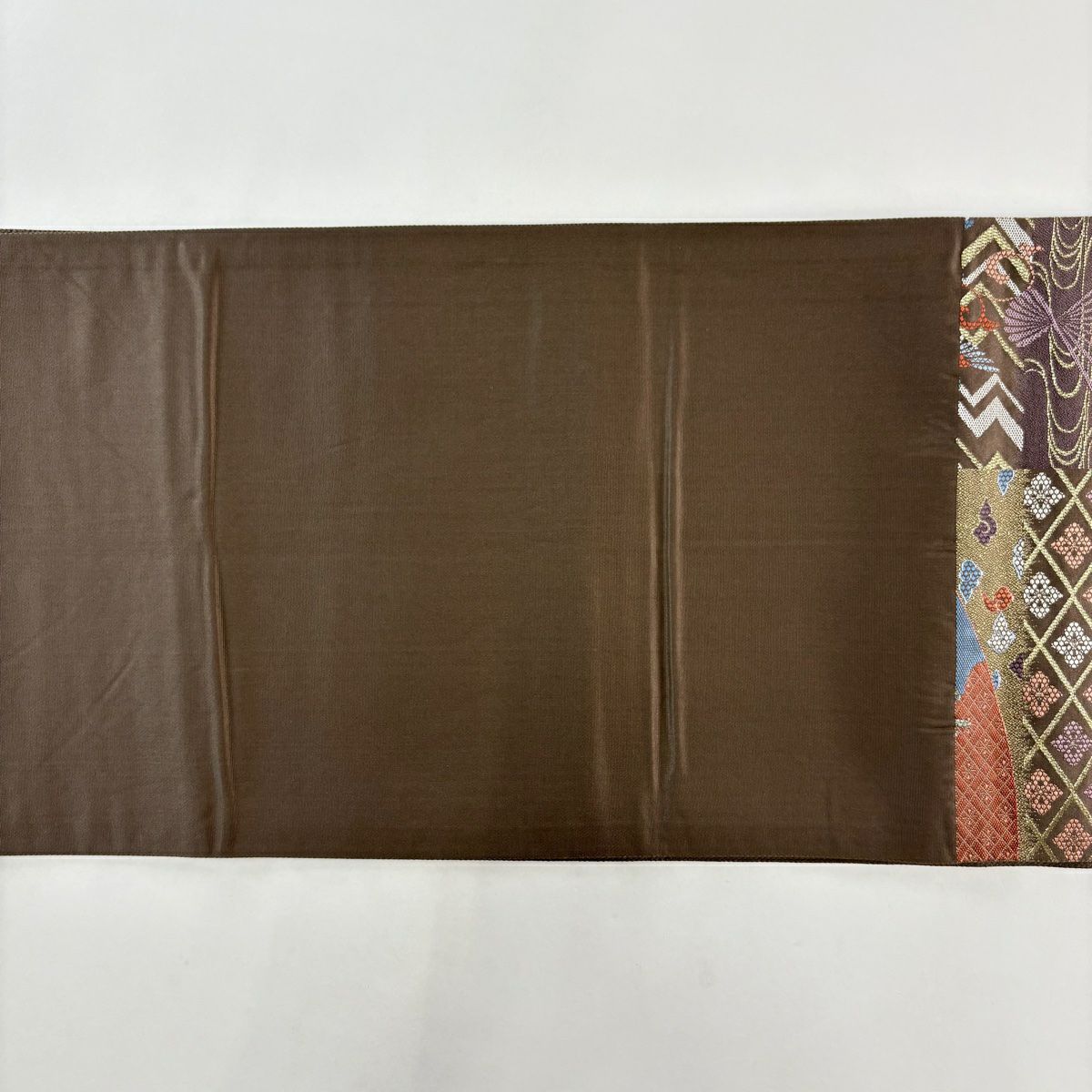 【美品】 袋帶 秀品級 明治畫卷 扇子 金絲 茶紫 六通 純蠶絲
