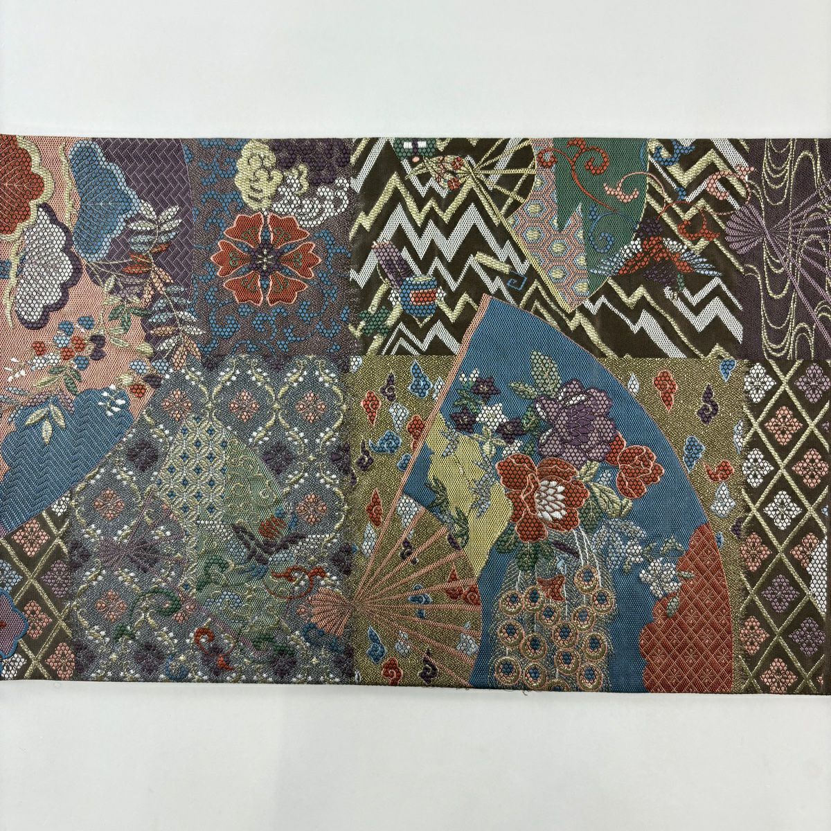 【美品】 袋帶 秀品級 明治畫卷 扇子 金絲 茶紫 六通 純蠶絲