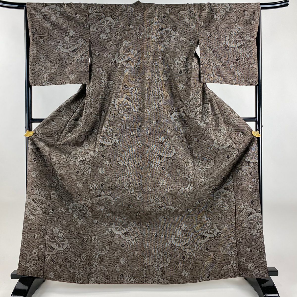 【美品】 紬織 身長167cm 袖長65cm M 雙層 片輪車 菊花 焦茶 純蠶絲 秀品級