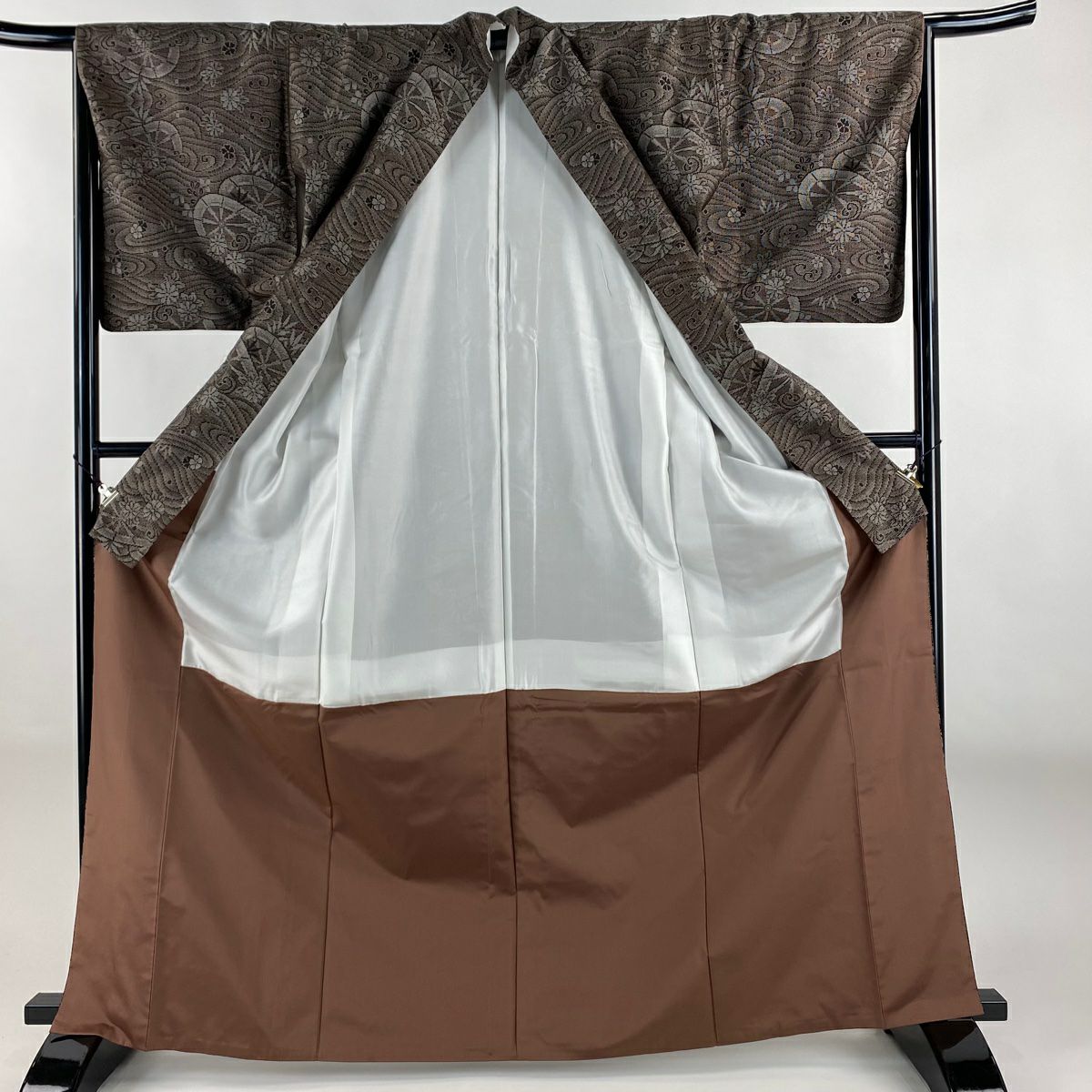 【美品】 紬織 身長167cm 袖長65cm M 雙層 片輪車 菊花 焦茶 純蠶絲 秀品級