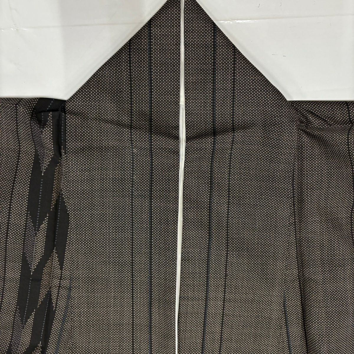 紬織 身長158.5cm 袖長64cm M 雙層 矢絣 縱條 焦茶 純蠶絲 優品級