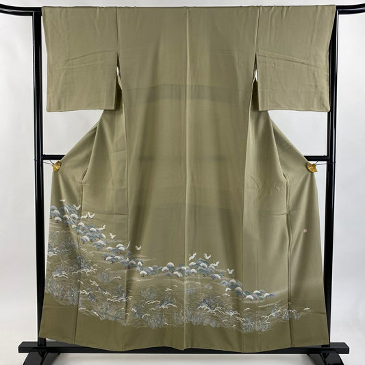 色留袖禮服 身長156cm 袖長63.5cm S 雙層 落款あり 仙鶴 松樹 灰綠 純蠶絲 秀品級 一つ紋