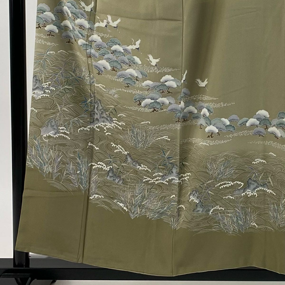 色留袖禮服 身長156cm 袖長63.5cm S 雙層 落款あり 仙鶴 松樹 灰綠 純蠶絲 秀品級 一つ紋
