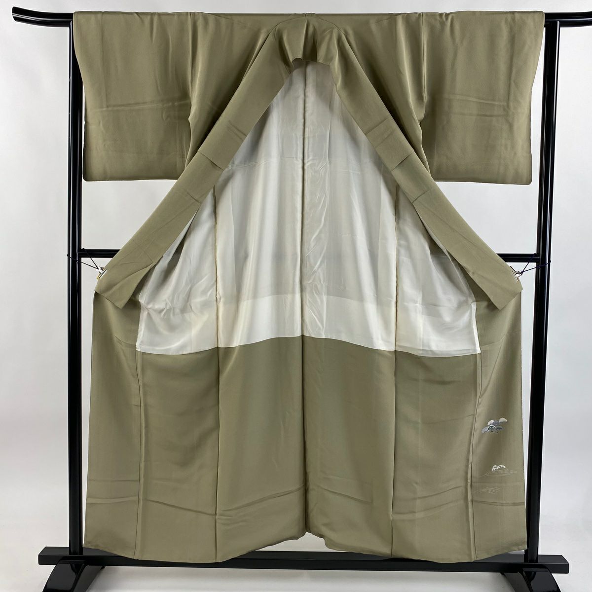 色留袖禮服 身長156cm 袖長63.5cm S 雙層 落款あり 仙鶴 松樹 灰綠 純蠶絲 秀品級 一つ紋
