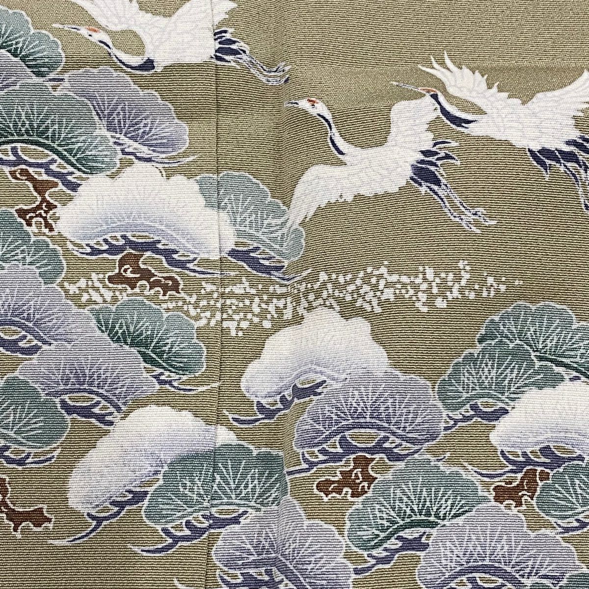 色留袖禮服 身長156cm 袖長63.5cm S 雙層 落款あり 仙鶴 松樹 灰綠 純蠶絲 秀品級 一つ紋