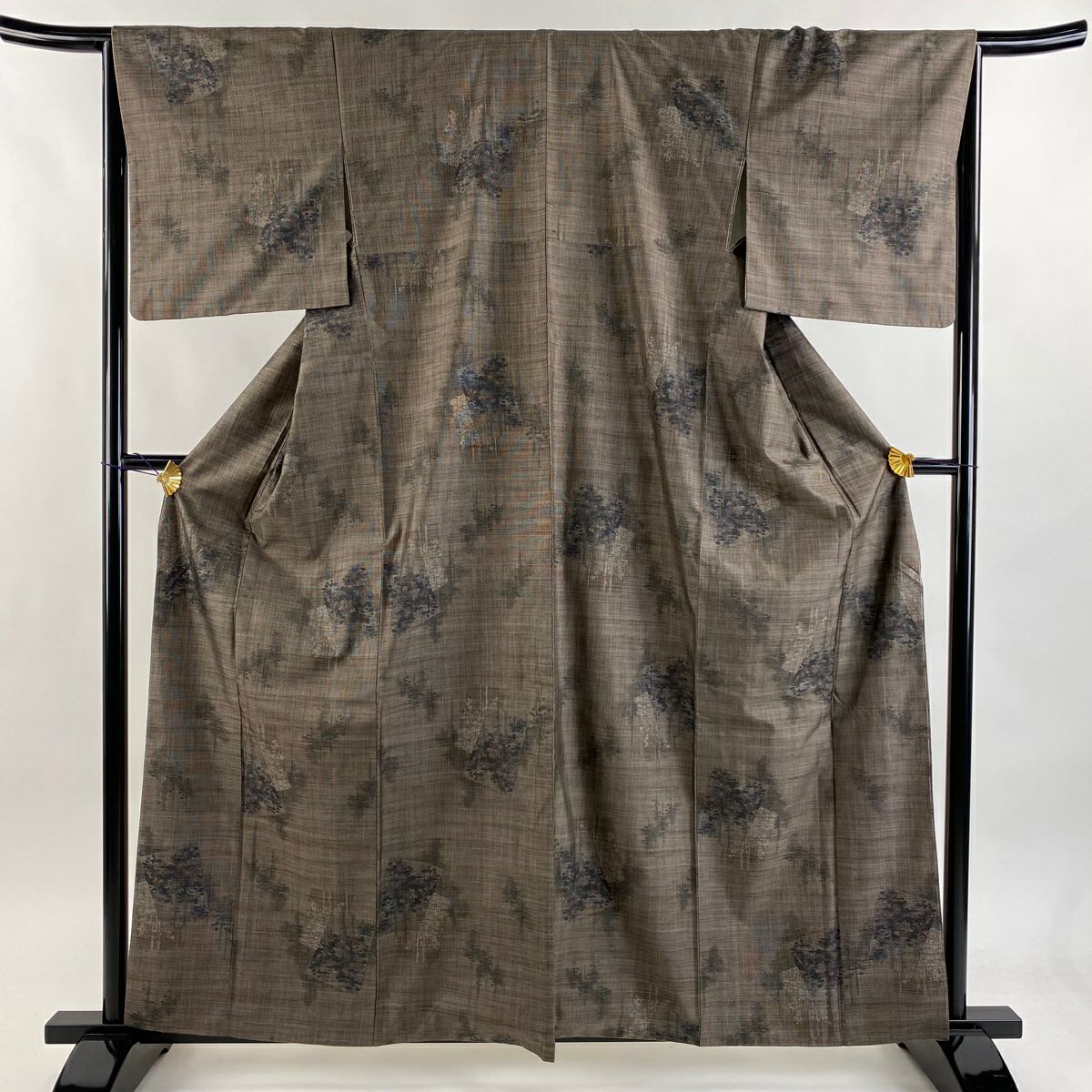 【美品】 紬織 身長161.5cm 袖長65cm M 雙層 色紙 樹木 灰茶 純蠶絲 秀品級