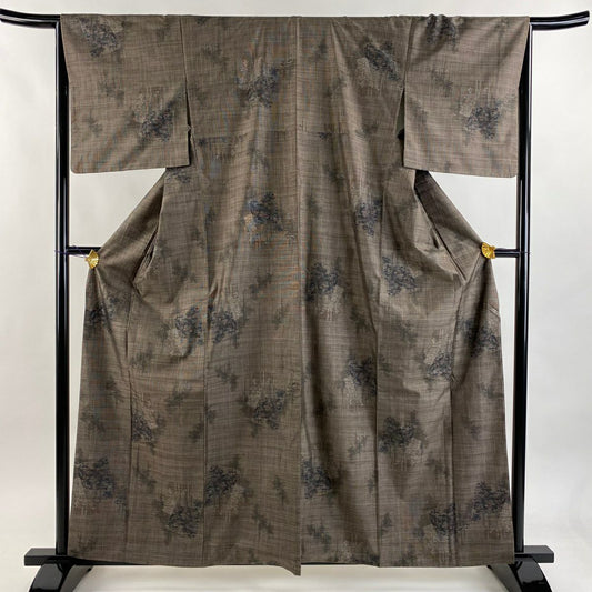 【美品】 紬織 身長161.5cm 袖長65cm M 雙層 色紙 樹木 灰茶 純蠶絲 秀品級