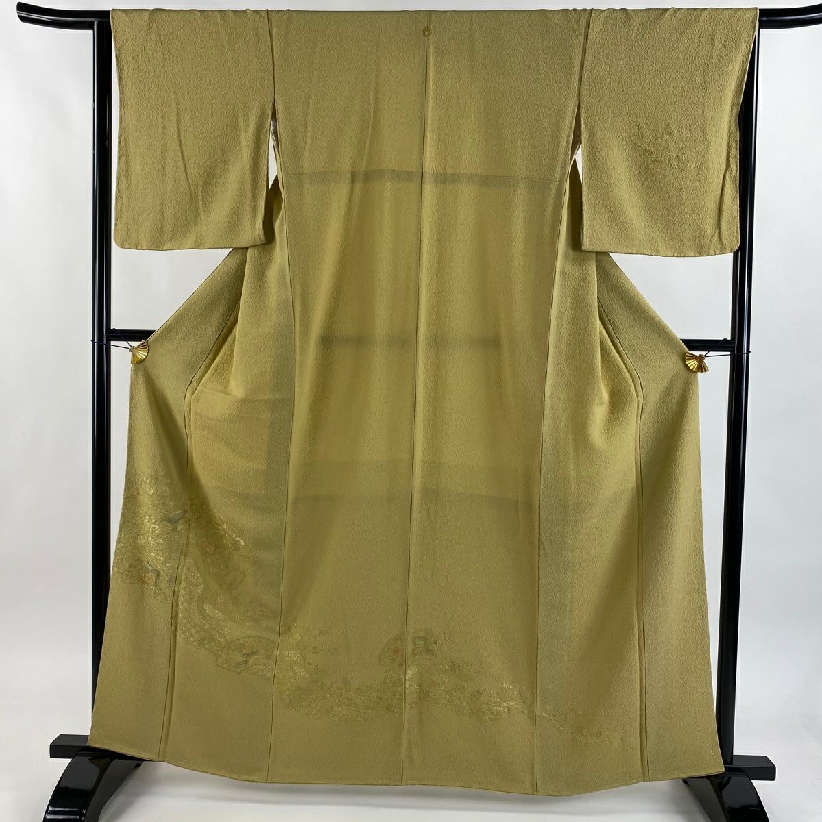 付下 身長162.5cm 袖長64cm M 雙層 松樹梅花 扇子面 刺繡 淺黃土 純蠶絲 秀品級 一個紋