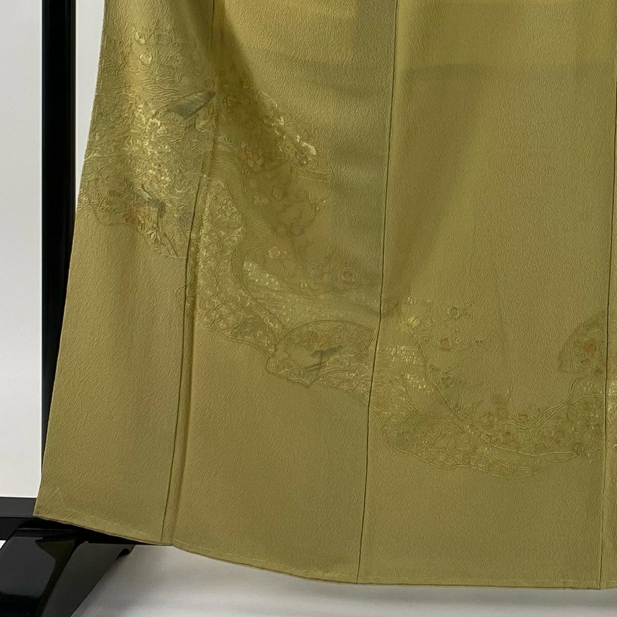 付下 身長162.5cm 袖長64cm M 雙層 松樹梅花 扇子面 刺繡 淺黃土 純蠶絲 秀品級 一個紋