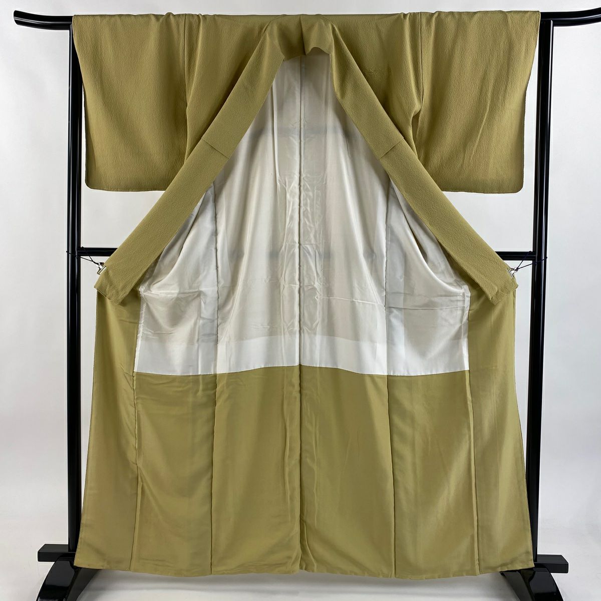 付下 身長162.5cm 袖長64cm M 雙層 松樹梅花 扇子面 刺繡 淺黃土 純蠶絲 秀品級 一個紋