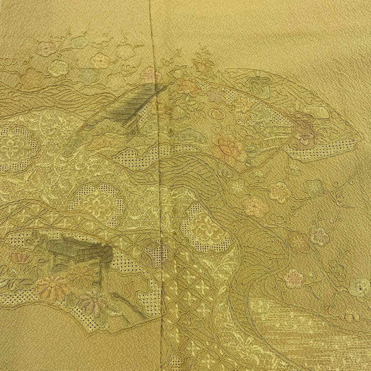 付下 身長162.5cm 袖長64cm M 雙層 松樹梅花 扇子面 刺繡 淺黃土 純蠶絲 秀品級 一個紋