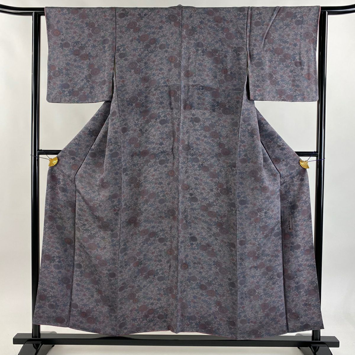 小紋 身長153cm 袖長61cm S 雙層 南部幸雄 落款あり 菊花 笹 絞紋 灰紫 純蠶絲 秀品級
