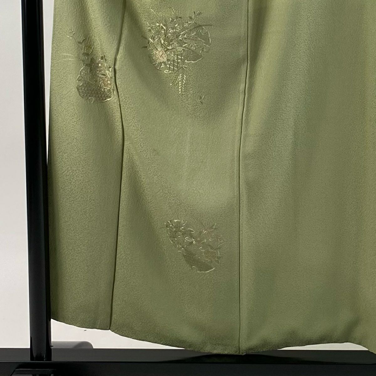付下 身長156.5cm 袖長63.5cm S 雙層 雪輪 草花紋刺繡 艾草綠 純蠶絲 優品級