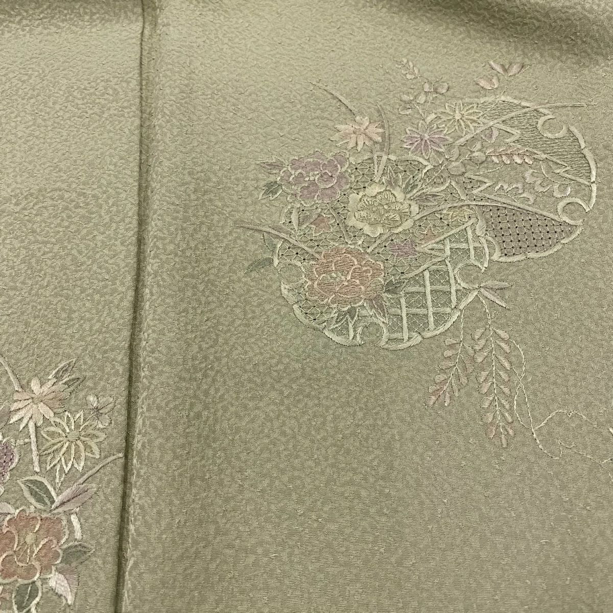 付下 身長156.5cm 袖長63.5cm S 雙層 雪輪 草花紋刺繡 艾草綠 純蠶絲 優品級