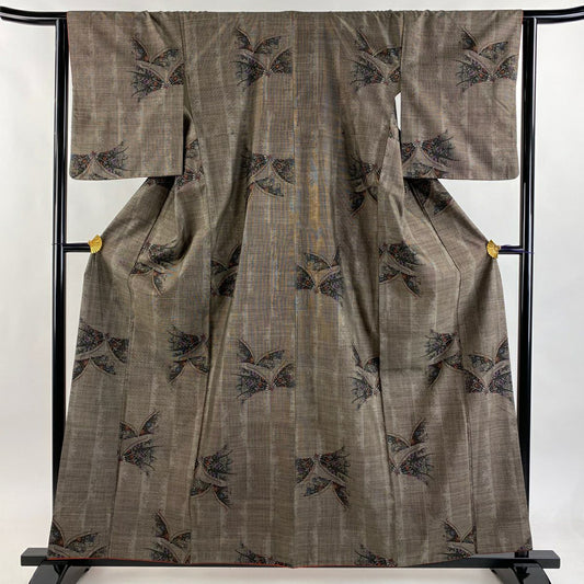 紬織 身長158.5cm 袖長63.5cm S 雙層 蝶 草花紋 茶 純蠶絲 秀品級
