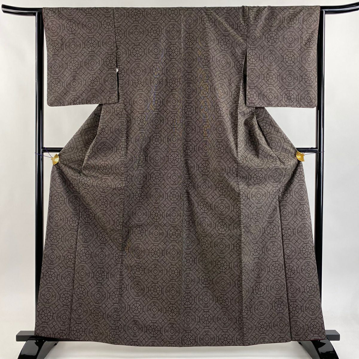 【美品】 紬織 身長162.5cm 袖長63cm S 雙層 幾何圖案 焦茶 純蠶絲 秀品級