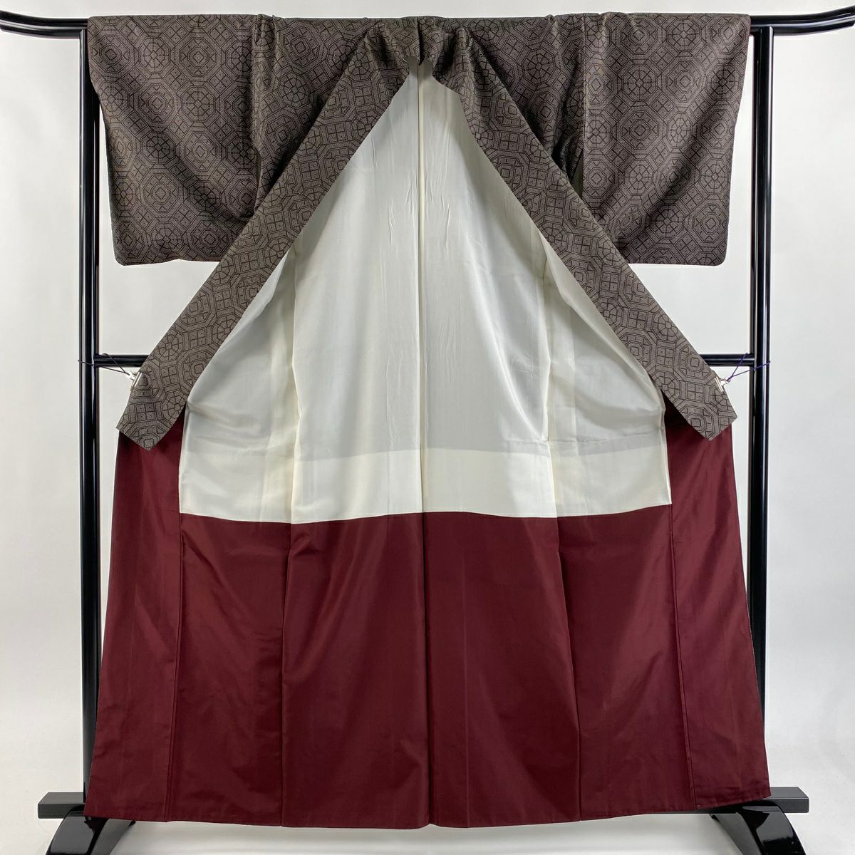 【美品】 紬織 身長162.5cm 袖長63cm S 雙層 幾何圖案 焦茶 純蠶絲 秀品級