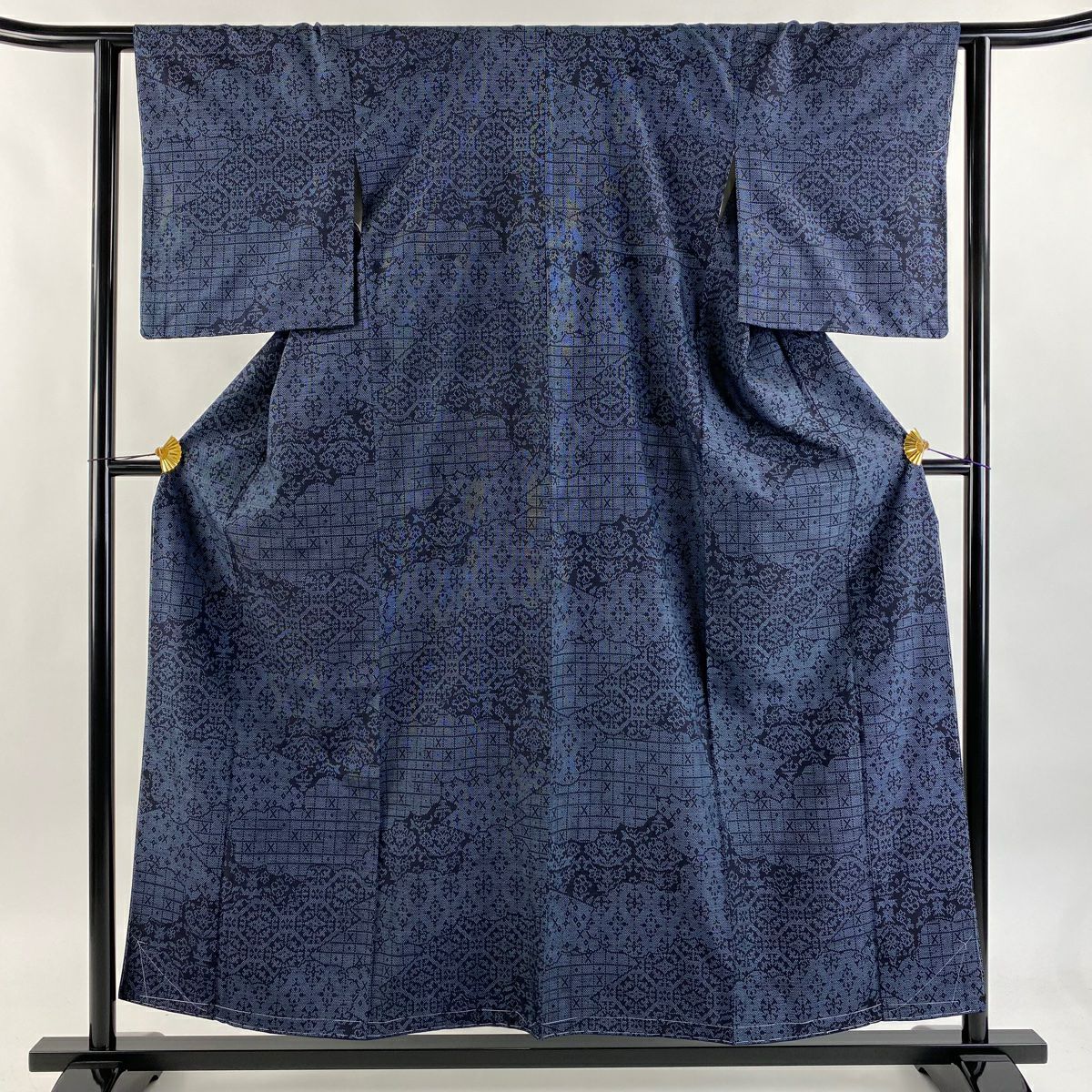 【美品】 紬織 身長156cm 袖長61.5cm S 雙層 雲文 龜甲 青灰 純蠶絲 秀品級