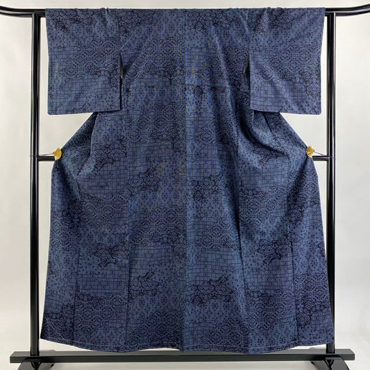 【美品】 紬織 身長156cm 袖長61.5cm S 雙層 雲文 龜甲 青灰 純蠶絲 秀品級