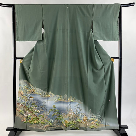 色留袖禮服 身長160cm 袖長64cm M 雙層 落款あり 風景 建物 灰綠 純蠶絲 秀品級 一つ紋