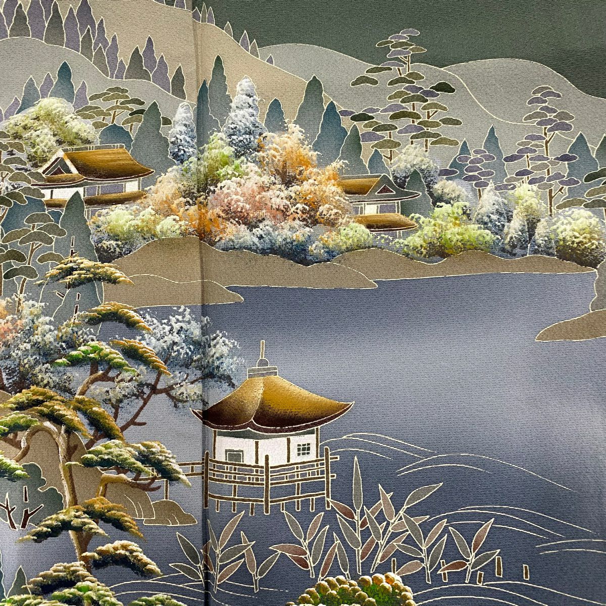 色留袖禮服 身長160cm 袖長64cm M 雙層 落款あり 風景 建物 灰綠 純蠶絲 秀品級 一つ紋