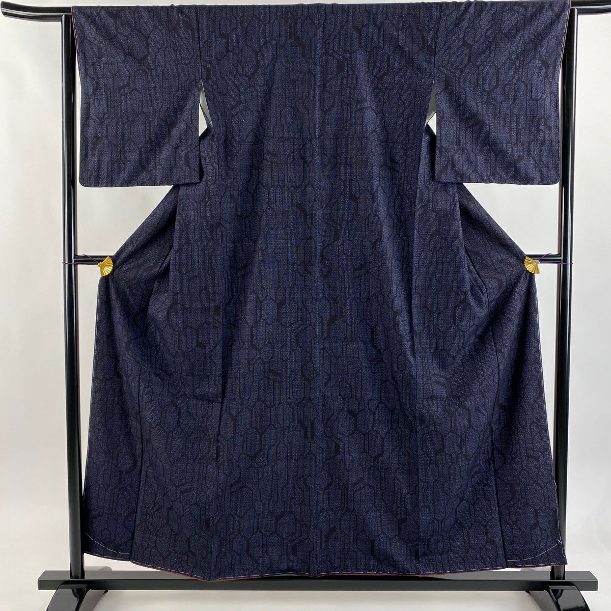【美品】 紬織織 身長158cm 袖長63.5cm S 雙層 龜甲 龜甲絣 深藍 純蠶絲 秀品級