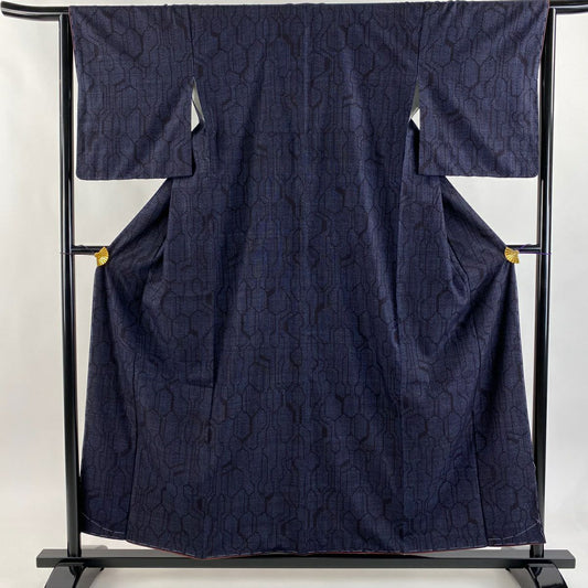 【美品】 紬織織 身長158cm 袖長63.5cm S 雙層 龜甲 龜甲絣 深藍 純蠶絲 秀品級