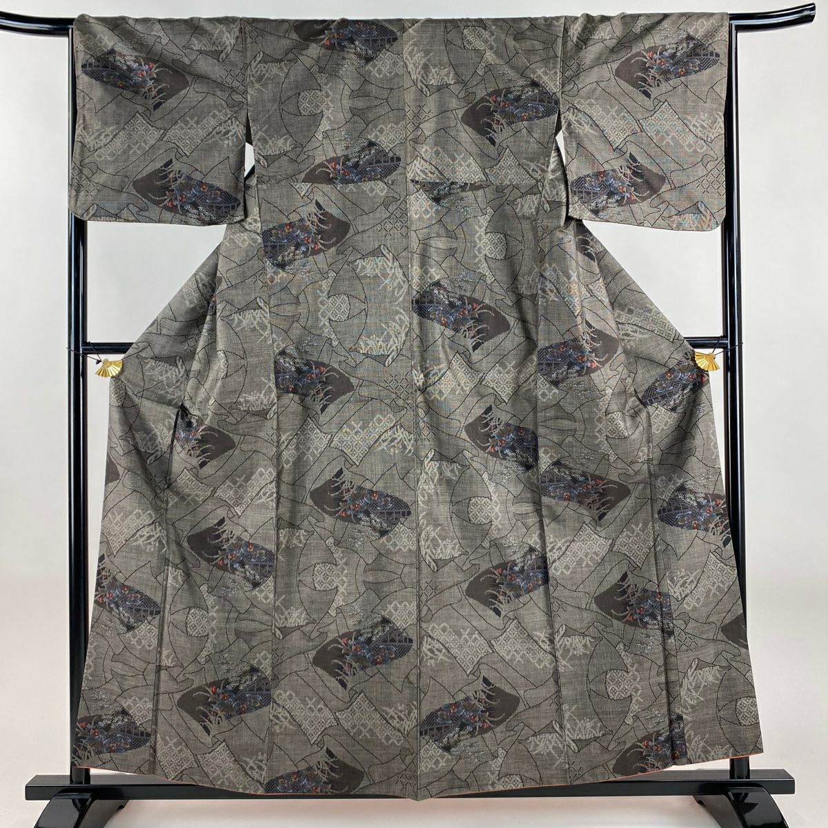 【美品】 紬織 身長157.5cm 袖長66cm M 雙層 草花紋紋 幾何圖案 焦茶 純蠶絲 秀品級