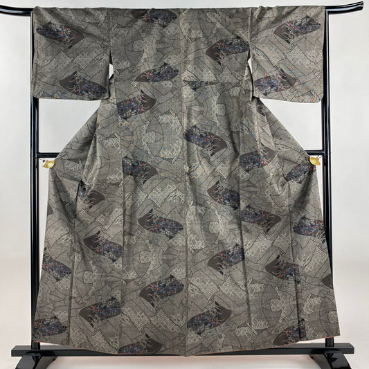 【美品】 紬織 身長157.5cm 袖長66cm M 雙層 草花紋紋 幾何圖案 焦茶 純蠶絲 秀品級