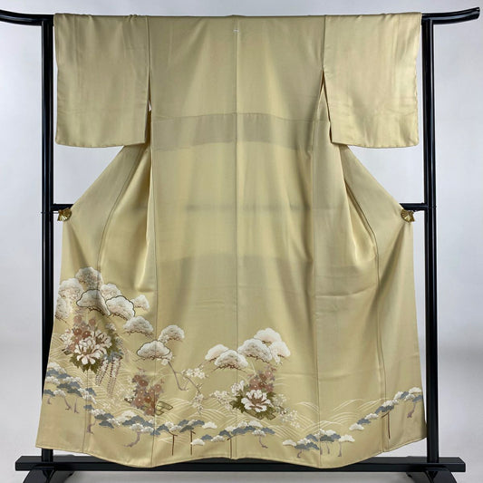 色留袖禮服 身長155.5cm 袖長63.5cm S 雙層 花筏 松樹 金絲 金銀彩 米色 純蠶絲 優品級 一個紋