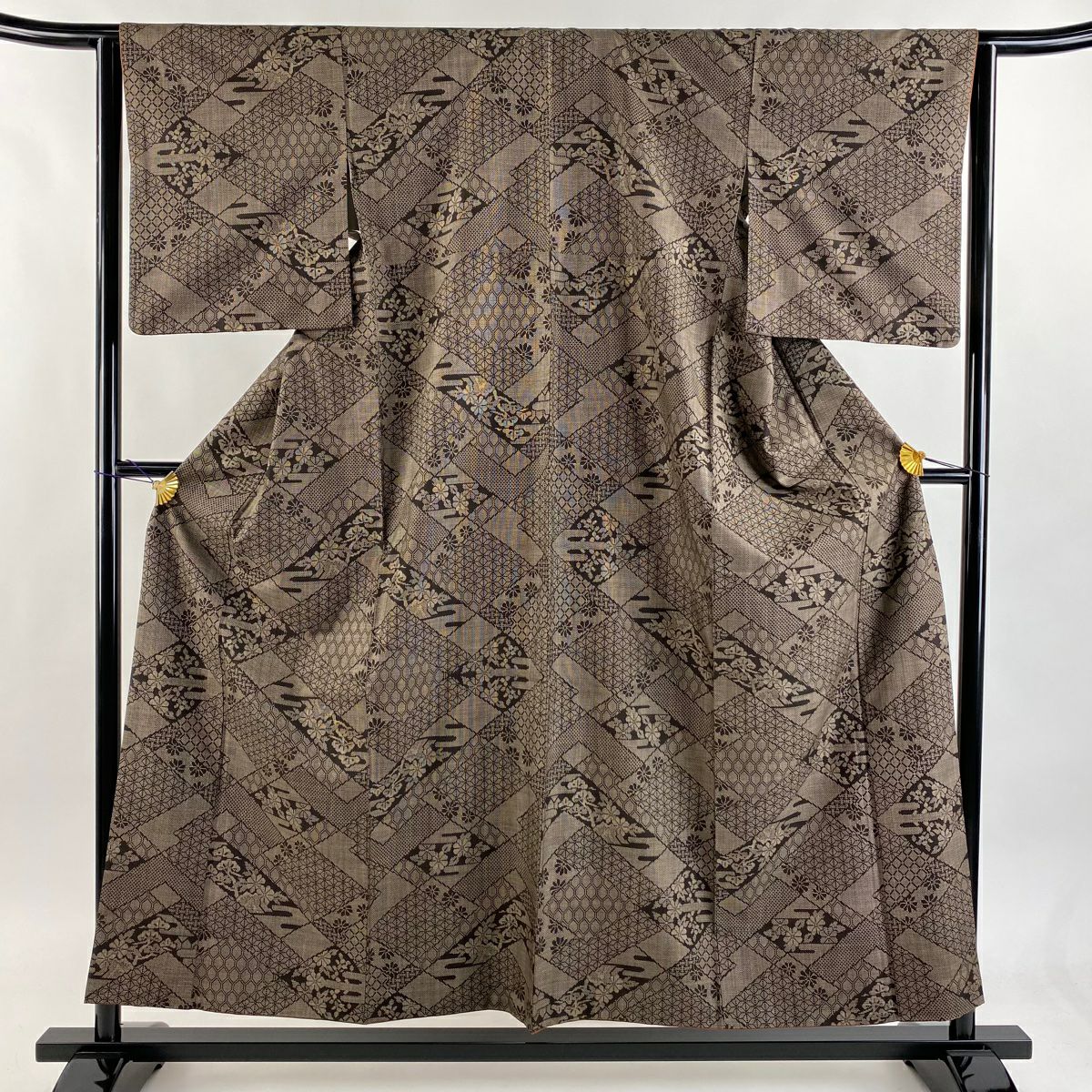 【美品】 紬織織 身長155cm 袖長63.5cm S 雙層 草花紋紋 龜甲 焦茶 純蠶絲 秀品級