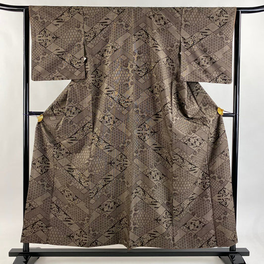 【美品】 紬織織 身長155cm 袖長63.5cm S 雙層 草花紋紋 龜甲 焦茶 純蠶絲 秀品級