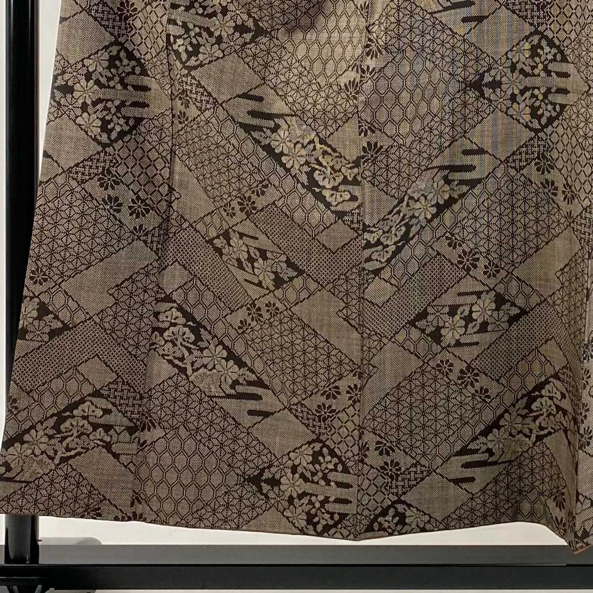 【美品】 紬織織 身長155cm 袖長63.5cm S 雙層 草花紋紋 龜甲 焦茶 純蠶絲 秀品級
