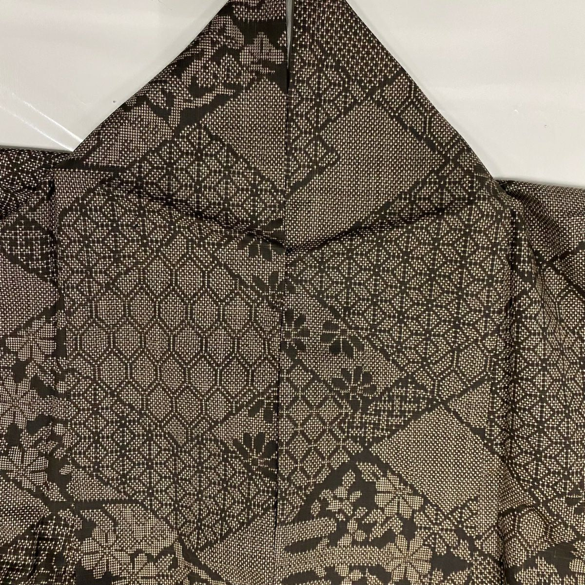 【美品】 紬織織 身長155cm 袖長63.5cm S 雙層 草花紋紋 龜甲 焦茶 純蠶絲 秀品級