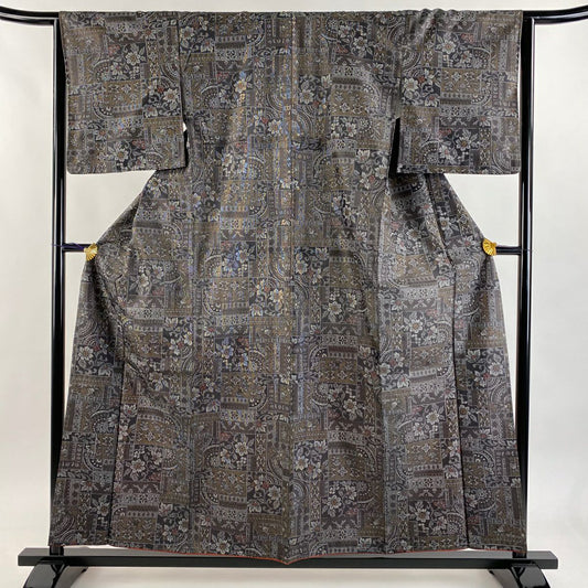 【美品】 紬織織 身長157cm 袖長64cm M 雙層 花唐草紋 幾何學圖案 墨色 純蠶絲 秀品級