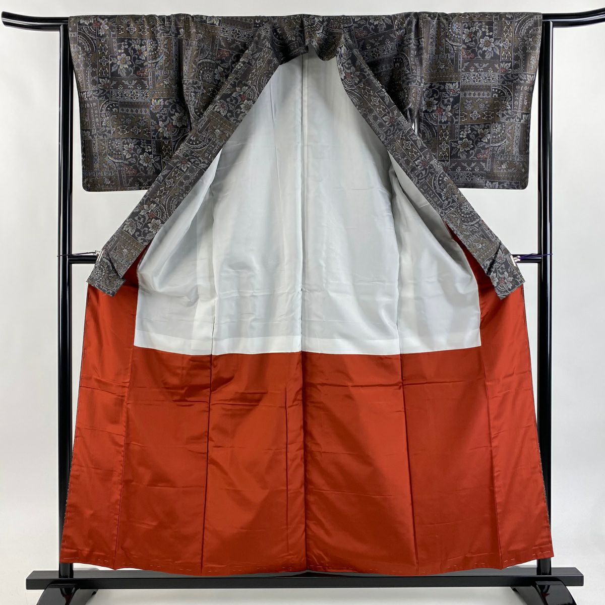 【美品】 紬織織 身長157cm 袖長64cm M 雙層 花唐草紋 幾何學圖案 墨色 純蠶絲 秀品級
