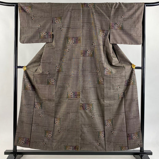 【美品】 紬織 身長155cm 袖長64.5cm M 雙層 草花紋紋 流水 焦茶 純蠶絲 秀品級