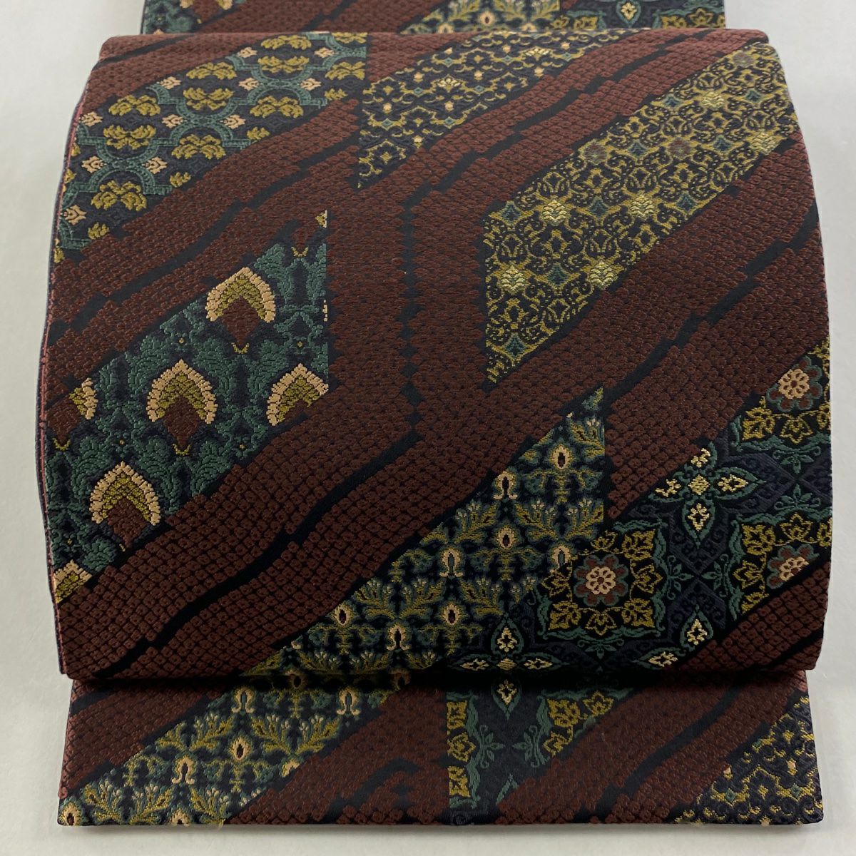 【美品】 袋帶 名品級 華紋 草花紋 草木染 金絲 紅紫 六通 純蠶絲