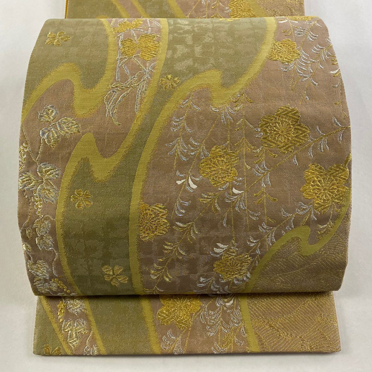 【美品】 袋帶 名品級 樱花 波 金銀彩 小豆色 六通 純蠶絲