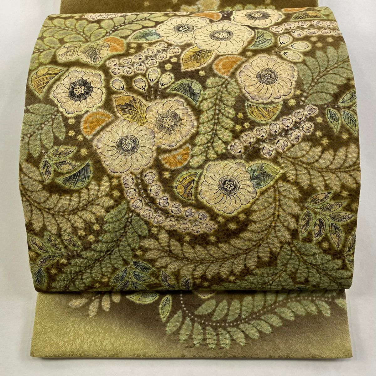 【美品】 袋帶 名品級 附落款 辻花染圖案 金線 茶色 大鼓圖案 純蠶絲
