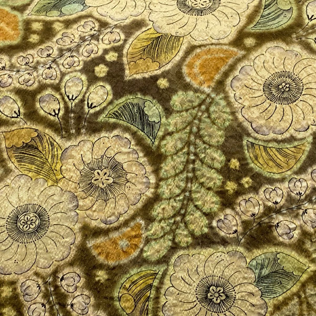 【美品】 袋帶 名品級 附落款 辻花染圖案 金線 茶色 大鼓圖案 純蠶絲