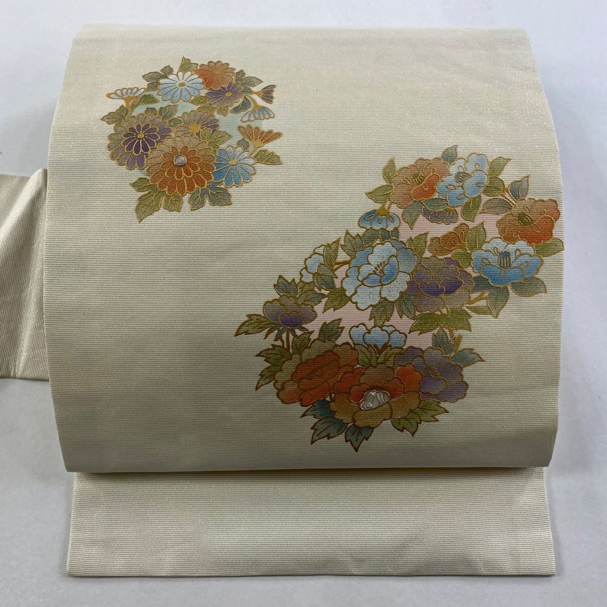 【美品】 名古屋帶 名品級 花丸紋 金銀彩 金金箔 米色 純蠶絲