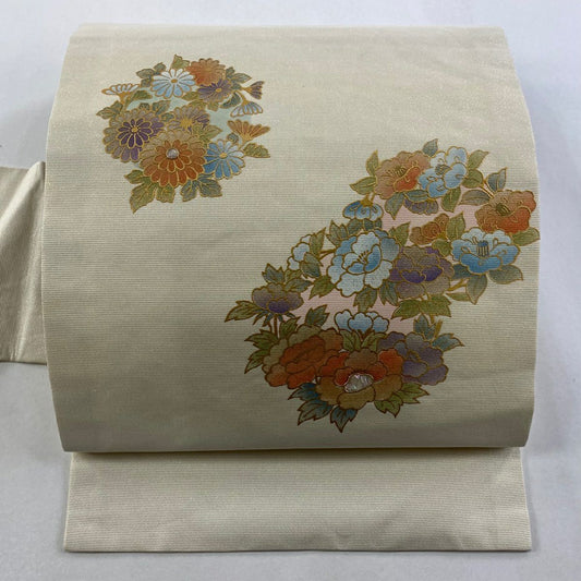 【美品】 名古屋帶 名品級 花丸紋 金銀彩 金金箔 米色 純蠶絲