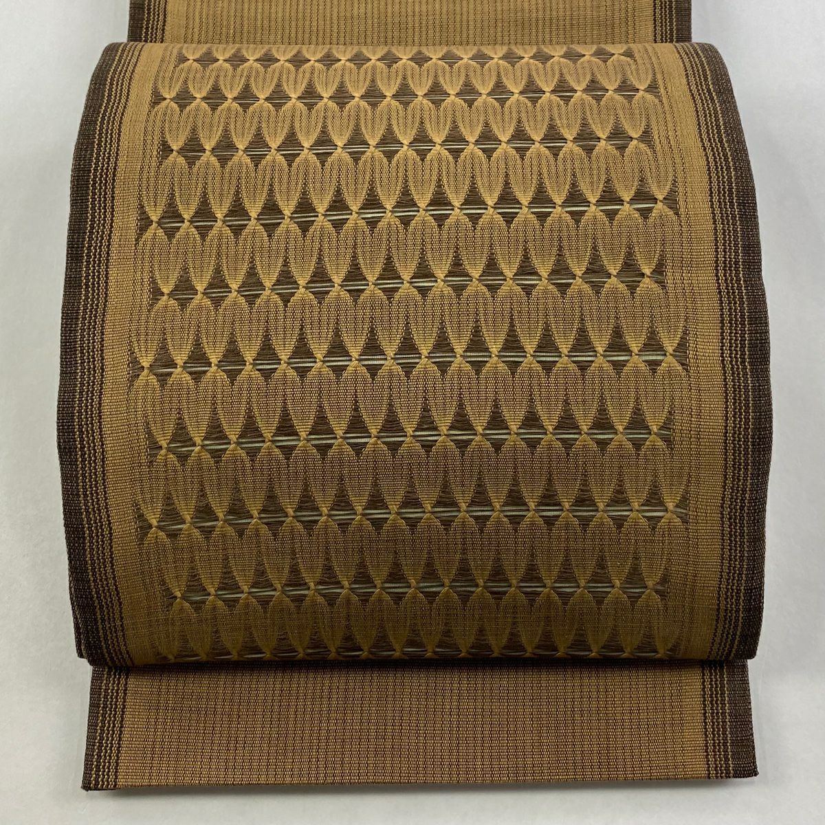 【美品】 袋帶 名品級 條紋 幾何學 茶 お太鼓圖案 純蠶絲