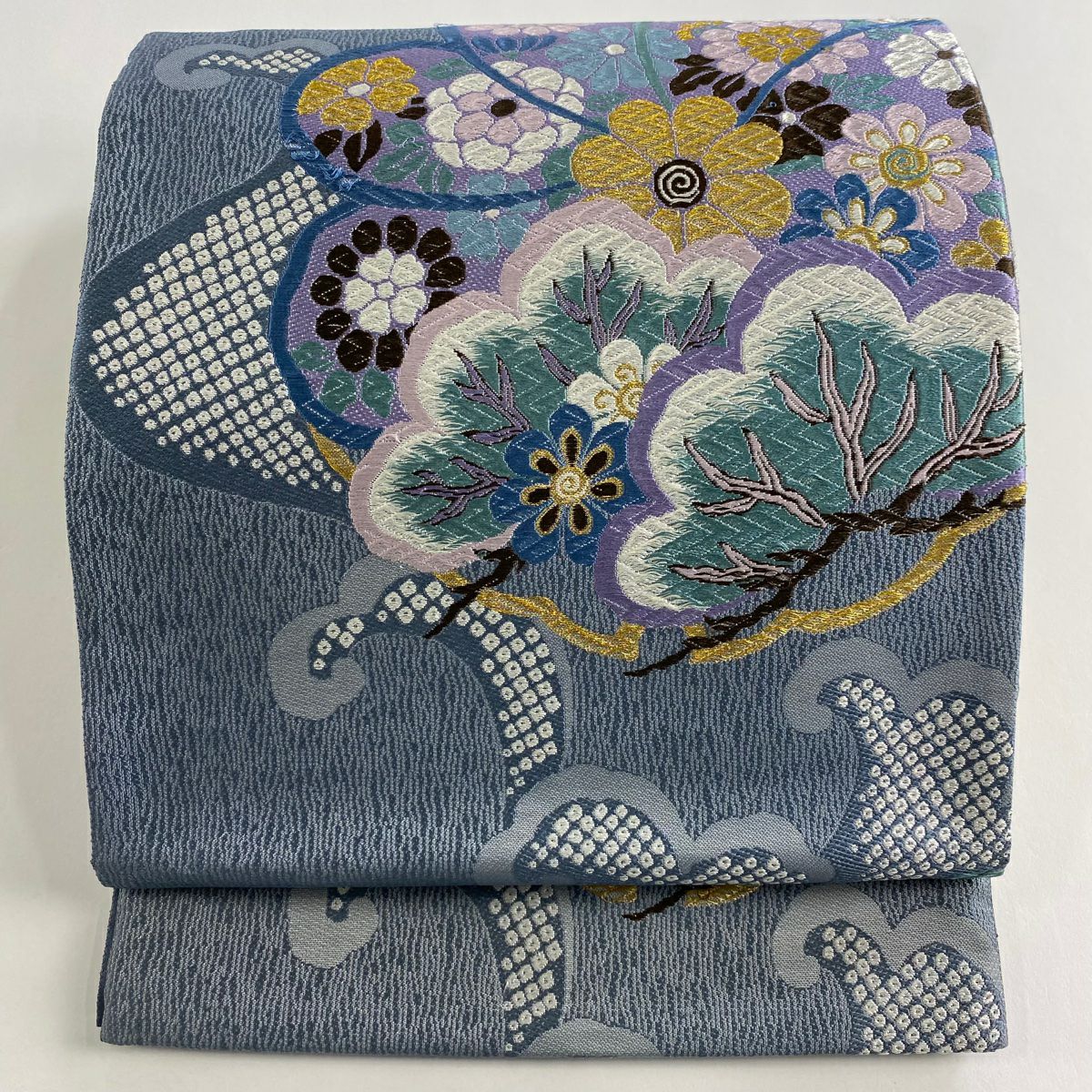 【庫存清倉】 袋帶 名品級 附落款 草花紋紋 笠松樹 金絲 刺繡 青灰 深藍色 六通 純蠶絲